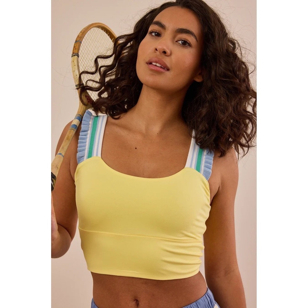 AS Revival Yellow Ruffle Strap Athletic Crop Top Striped Sleeve Tank Size Medium